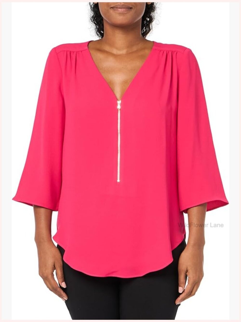 Women's Classic V-Neck Blouse 3/4 Sleeve Shirttail Hem